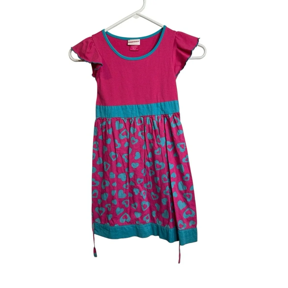 what a doll girls pink blue hearts short‎ sleeve dress size medium 7 8